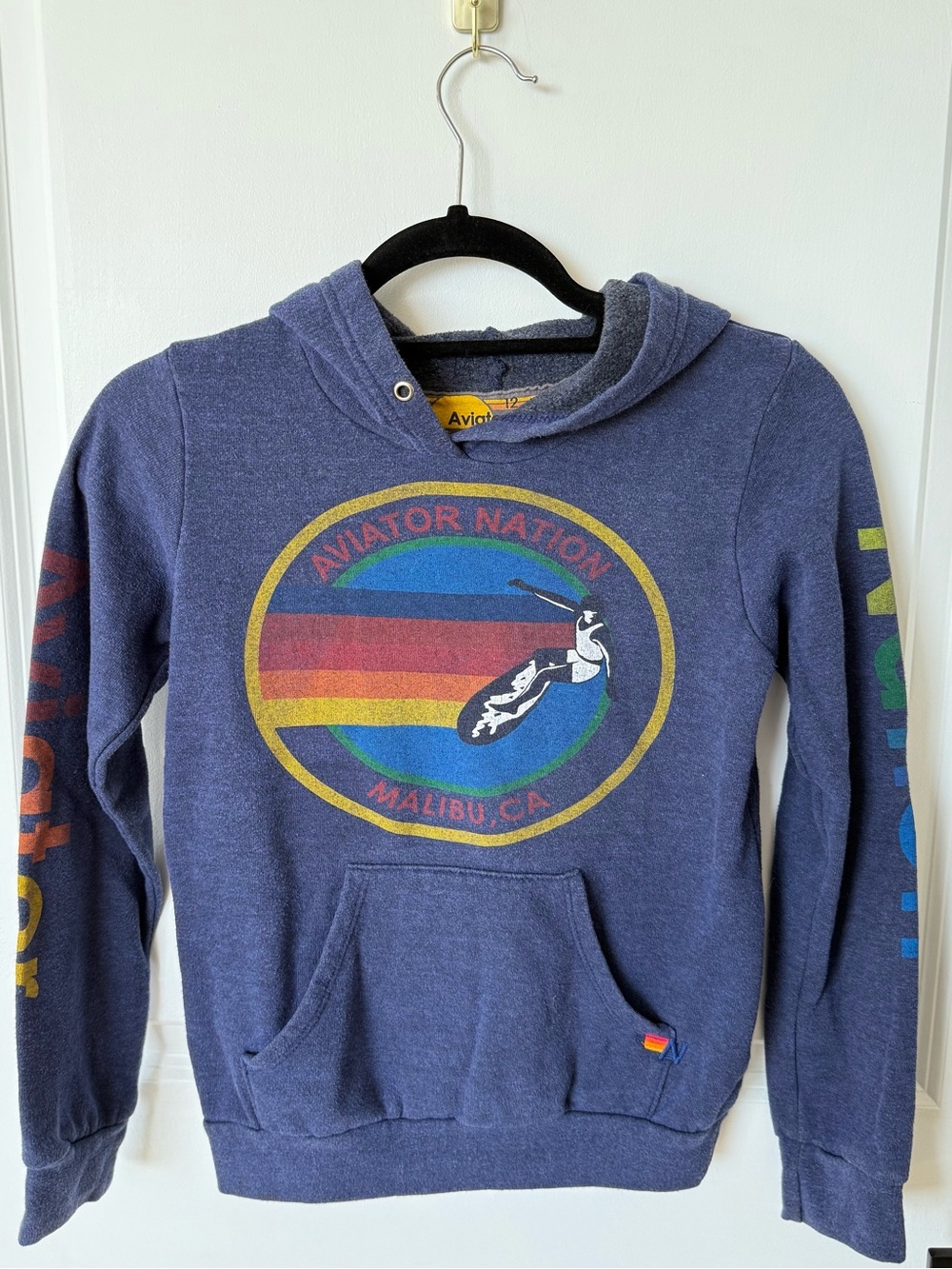 Aviator Nation Men's Blue Crewneck Hoodie with Rainbow Logo